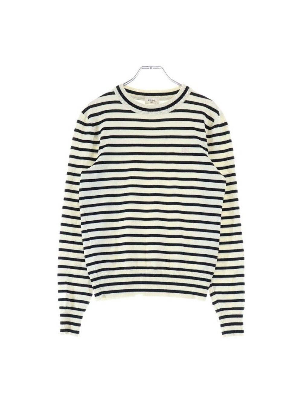 Celine Striped Triomphe Crew Neck Mariniere Wool Knit Sweater White Black